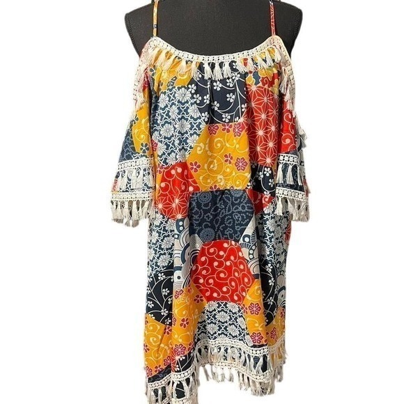 Dresses & Skirts - Boho patchwork off shoulder dress with fringe hem. 2XL